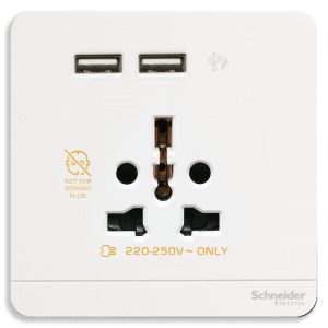 Bộ ổ cắm đa năng và 2 ổ sạc USB màu trắng E8342616USB_WE_G19 Schneider