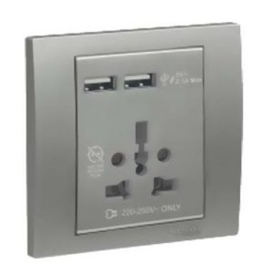 Bộ ổ cắm đa năng và 2 ổ sạc USB màu bạc KB42616USB_AS_G19 Schneider