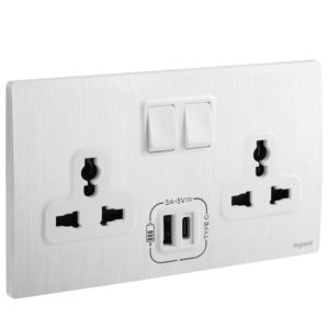 Ổ cắm Mallia Senses 2 gang đa chuẩn có công tắc + sạc USB A & C – mặt nhôm xước | 281123BA Legrand