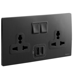 Ổ cắm Mallia Senses 2 gang đa chuẩn có công tắc + sạc USB A & C – mặt đen xước | 281123BB Legrand