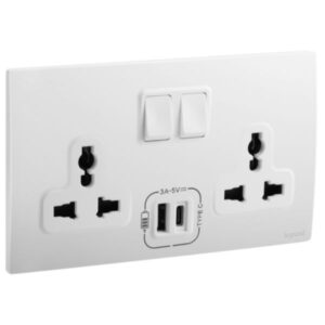 Ổ cắm đôi đa năng có công tắc kèm USB A+C 3000mA – White | 281123MW Legrand